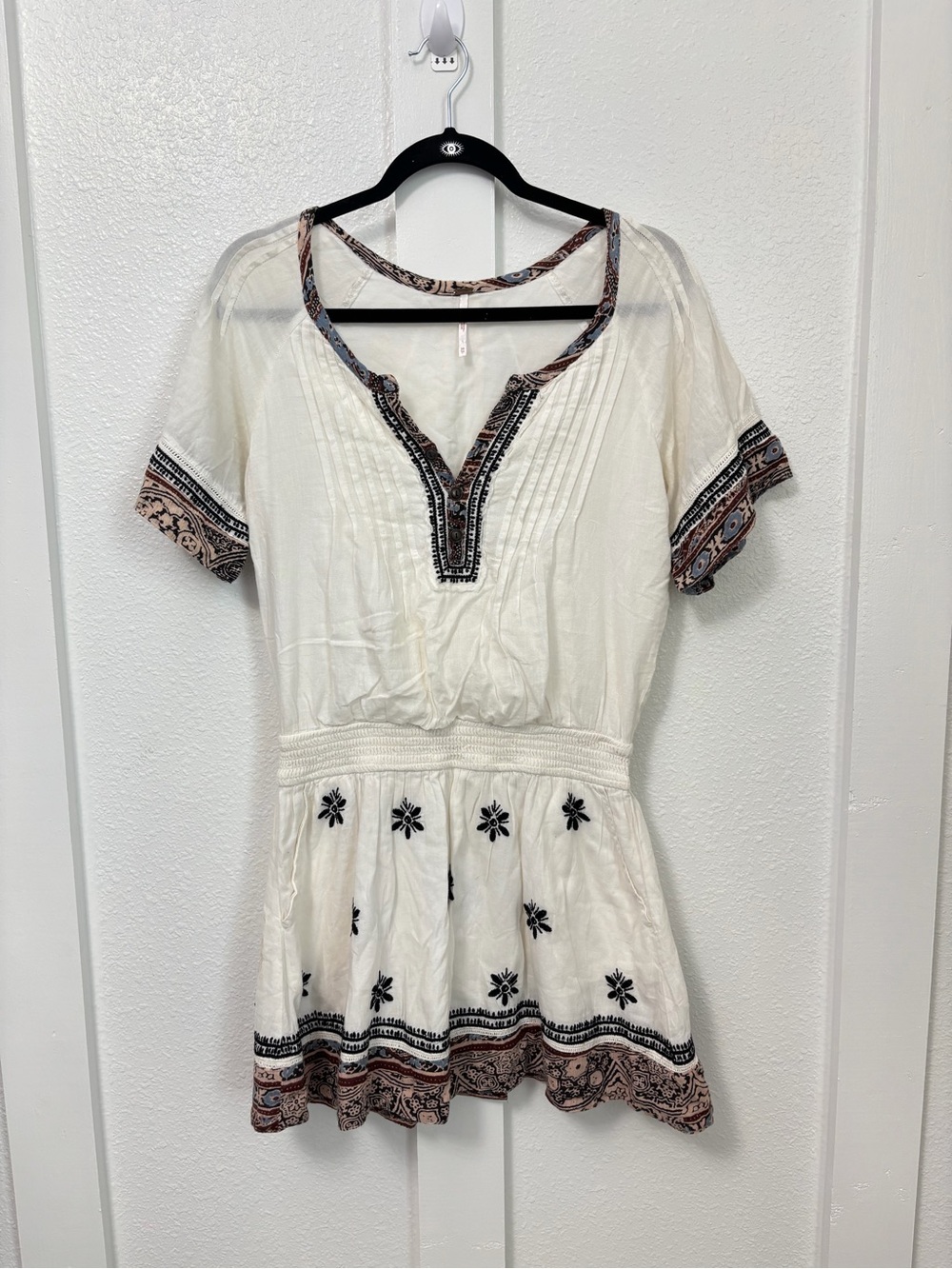 Free People Ivory Embroidered Peasant Tunic with Black & Brown Trim